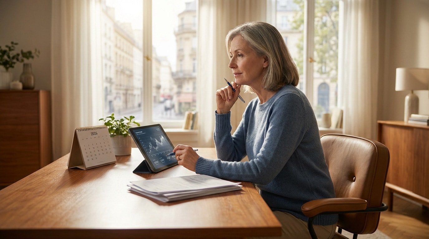Femme mûre regardant une tablette avec des graphiques, un calendrier 2026 sur le bureau, planifiant sa pension de réversion.