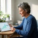 Femme souriante gérant ses finances sur tablette. L'écran montre un graphique positif et un objectif de 903,93 €. Calendrier 2026 visible.