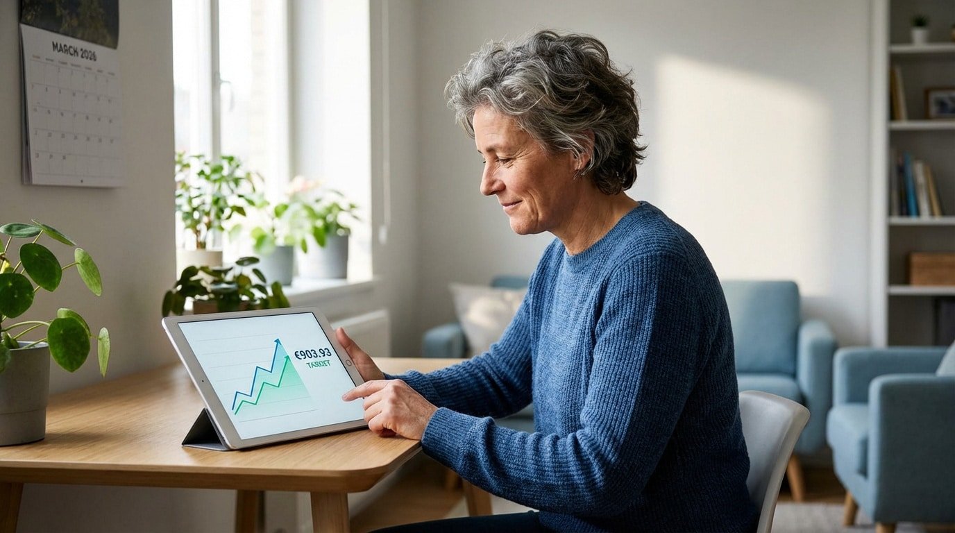 Femme souriante gérant ses finances sur tablette. L'écran montre un graphique positif et un objectif de 903,93 €. Calendrier 2026 visible.
