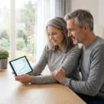 Un couple souriant d'âge mûr consulte une tablette affichant un graphique de gains croissants et une icône calendrier.