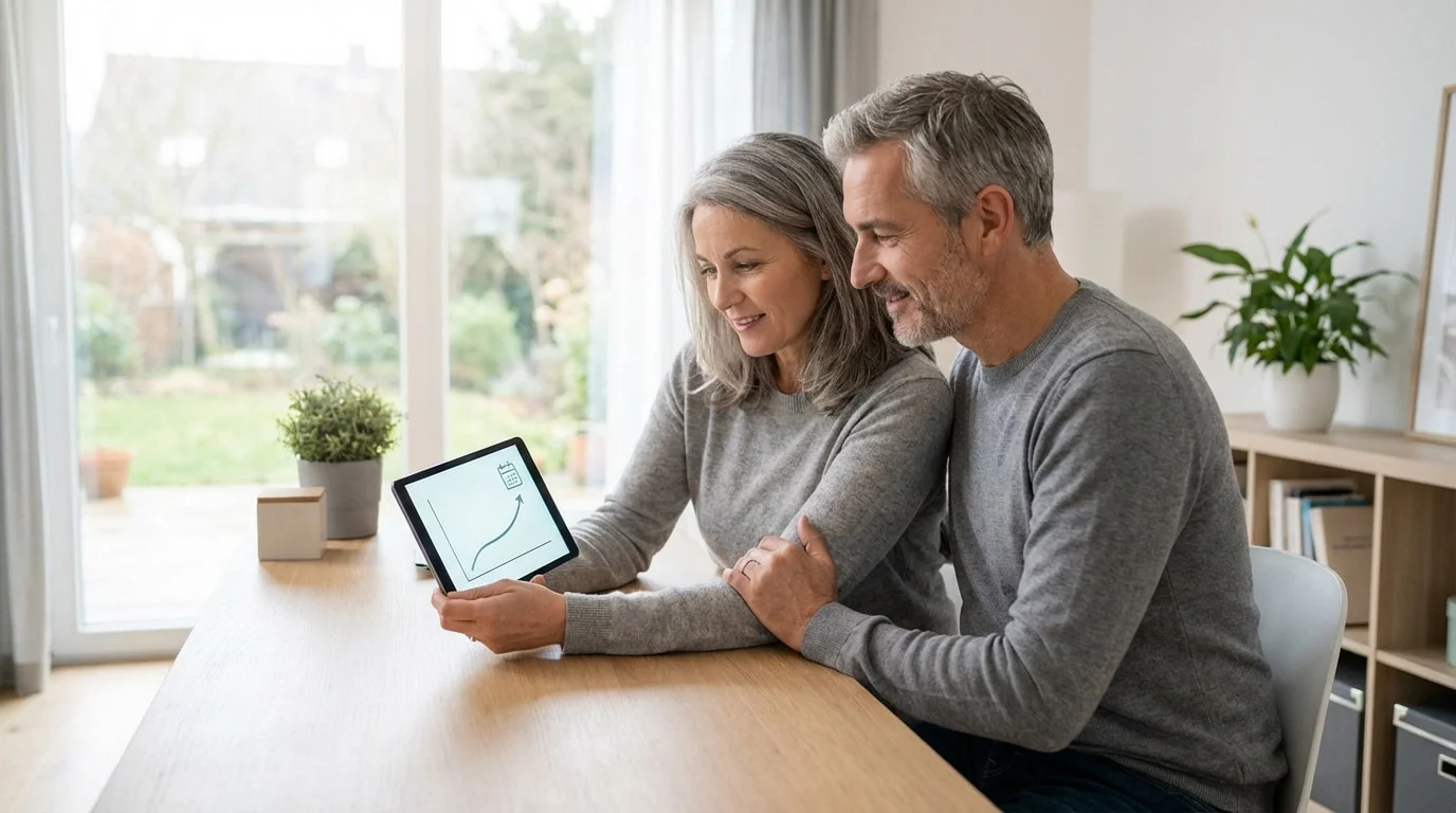 Un couple souriant d'âge mûr consulte une tablette affichant un graphique de gains croissants et une icône calendrier.