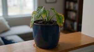 Une plante d'intérieur aux feuilles jaunies et tombantes dans un pot bleu sur une surface en bois, entourée d'une flaque d'eau.