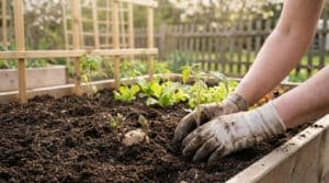 Mains gantées plantant un jeune plant de tomate dans un potager. Une pomme de terre germée et d'autres semis sont visibles.