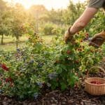 Jardinier cueillant des framboises avec des sécateurs dans un jardin fruitier. Un panier de framboises est au sol. Lumière chaude.