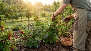 Jardinier cueillant des framboises avec des sécateurs dans un jardin fruitier. Un panier de framboises est au sol. Lumière chaude.