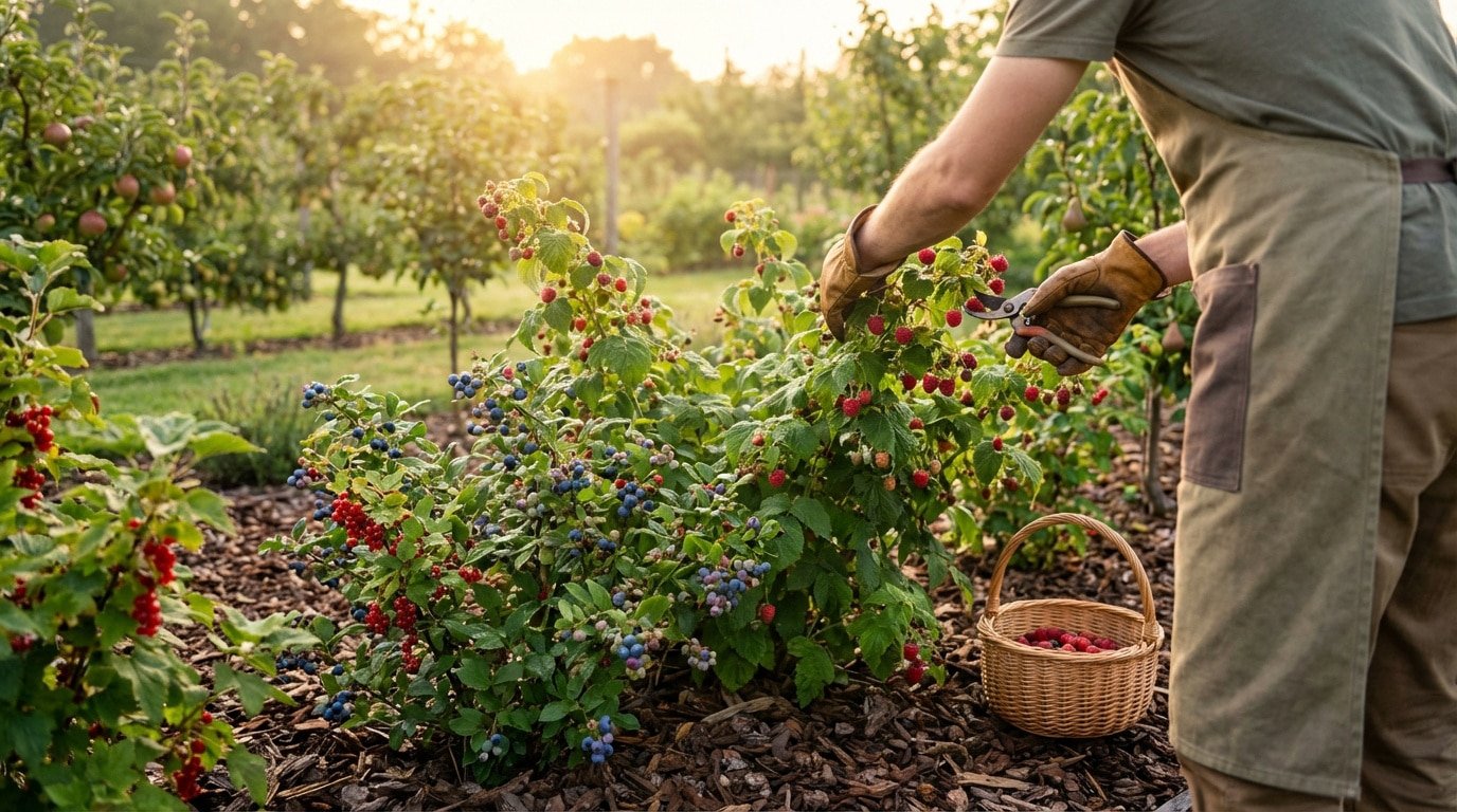 Jardinier cueillant des framboises avec des sécateurs dans un jardin fruitier. Un panier de framboises est au sol. Lumière chaude.