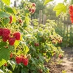 Gros plan sur des framboises rouges, cassis noirs et groseilles rouges mûrs, recouverts de rosée, dans un jardin ensoleillé.