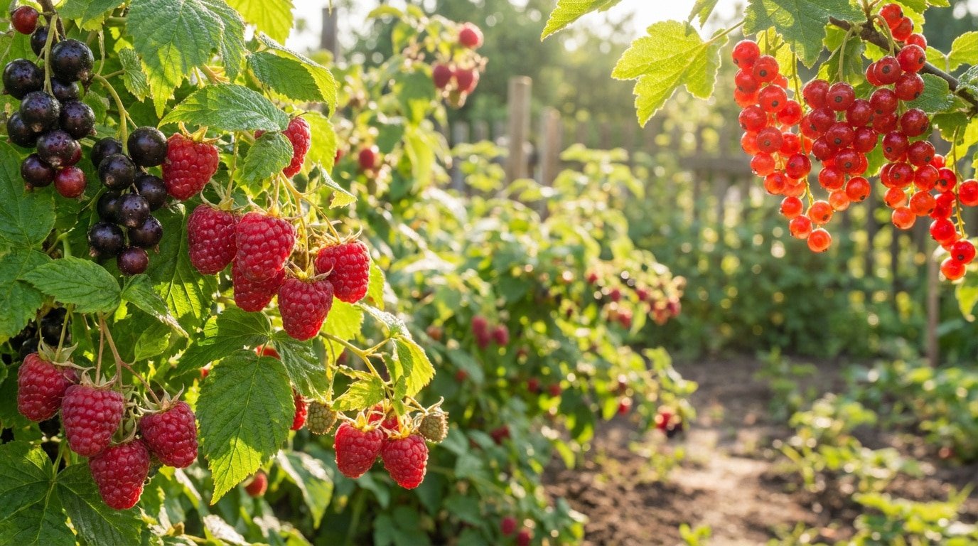 Gros plan sur des framboises rouges, cassis noirs et groseilles rouges mûrs, recouverts de rosée, dans un jardin ensoleillé.
