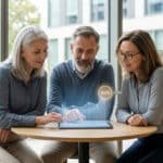 Trois personnes (2 femmes, 1 homme) regardent un graphique holographique "2026" sur une tablette. Ils discutent de planification retraite.