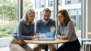 Trois personnes (2 femmes, 1 homme) regardent un graphique holographique "2026" sur une tablette. Ils discutent de planification retraite.