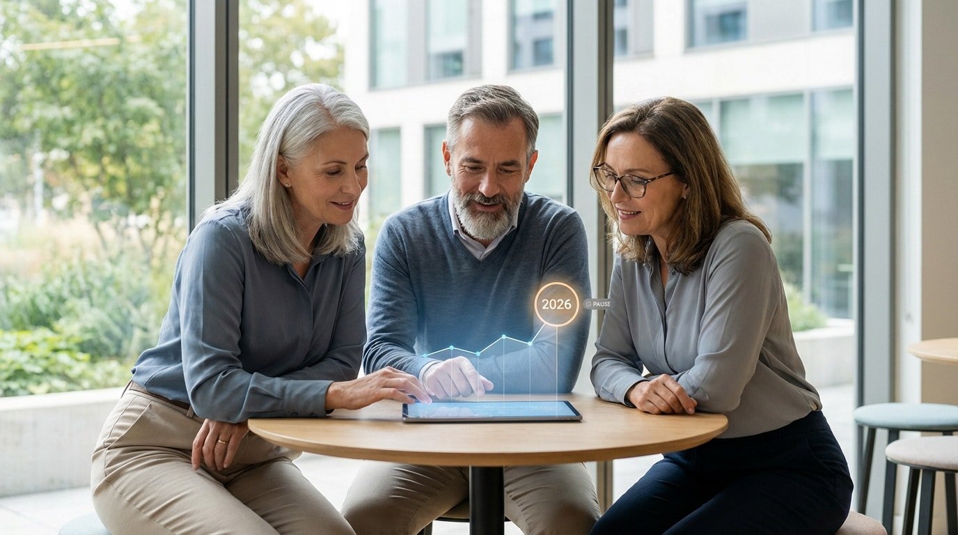Trois personnes (2 femmes, 1 homme) regardent un graphique holographique "2026" sur une tablette. Ils discutent de planification retraite.