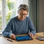 Une femme âgée avec des lunettes regarde un graphique financier sur une tablette avec une expression préoccupée. Un calculateur et une tasse de café sont sur la table.