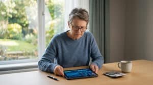 Une femme âgée avec des lunettes regarde un graphique financier sur une tablette avec une expression préoccupée. Un calculateur et une tasse de café sont sur la table.