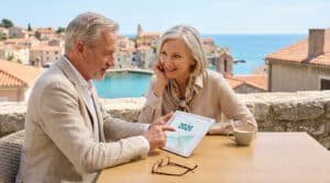 Un couple senior discute de sa retraite 2026 en consultant une tablette sur une terrasse ensoleillée, mer et village en arrière-plan.