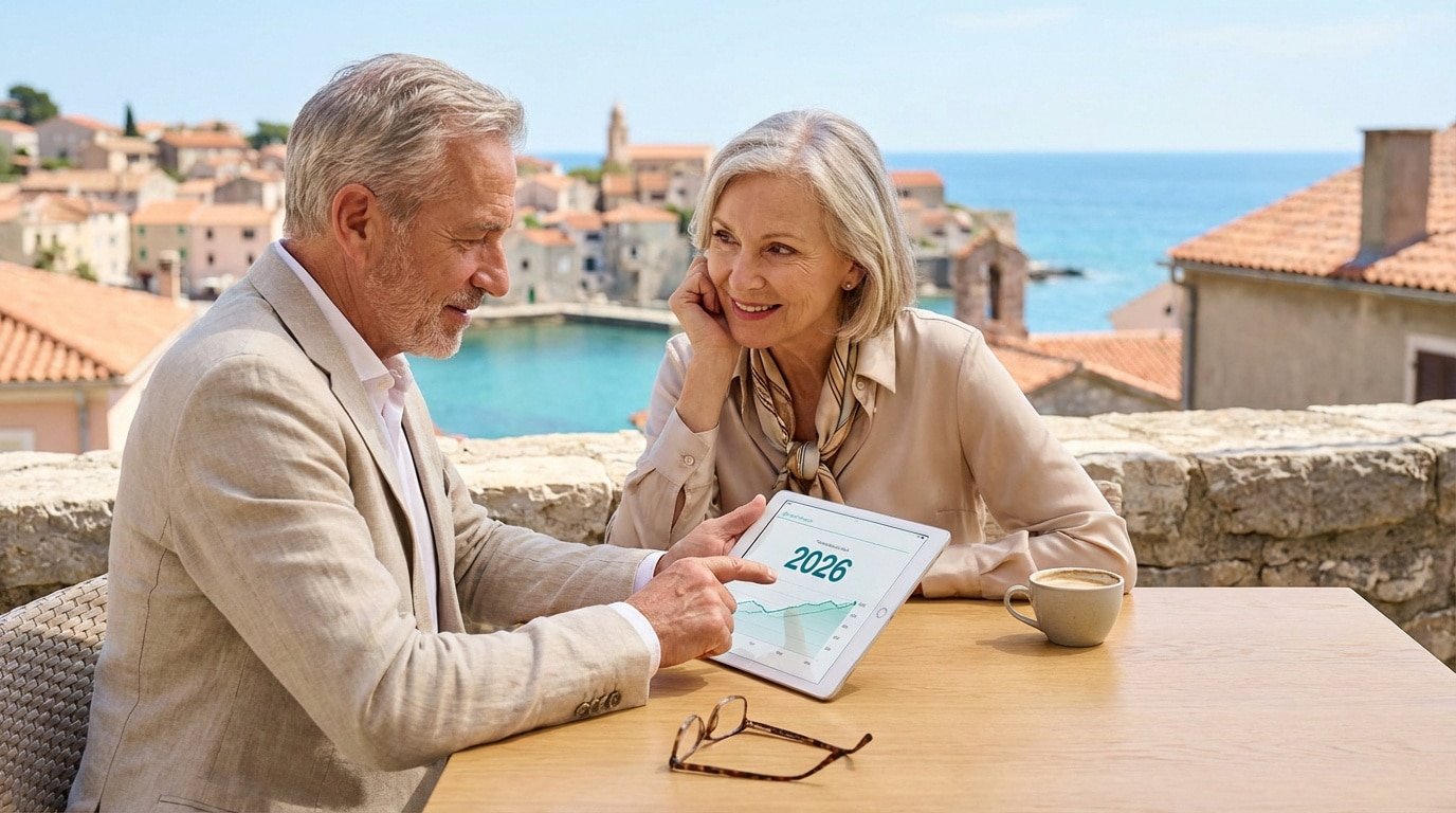 Un couple senior discute de sa retraite 2026 en consultant une tablette sur une terrasse ensoleillée, mer et village en arrière-plan.