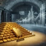 Lingots d'or empilés dans un caveau sécurisé, avec un graphique holographique affichant "Dette Publique" et "3 000 milliards d'euros".