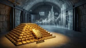 Lingots d'or empilés dans un caveau sécurisé, avec un graphique holographique affichant "Dette Publique" et "3 000 milliards d'euros".