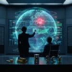 Analystes en salle de contrôle devant un globe holographique. Données financières, choc pétrolier symbolisé, et matières premières sur le bureau.