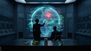 Analystes en salle de contrôle devant un globe holographique. Données financières, choc pétrolier symbolisé, et matières premières sur le bureau.