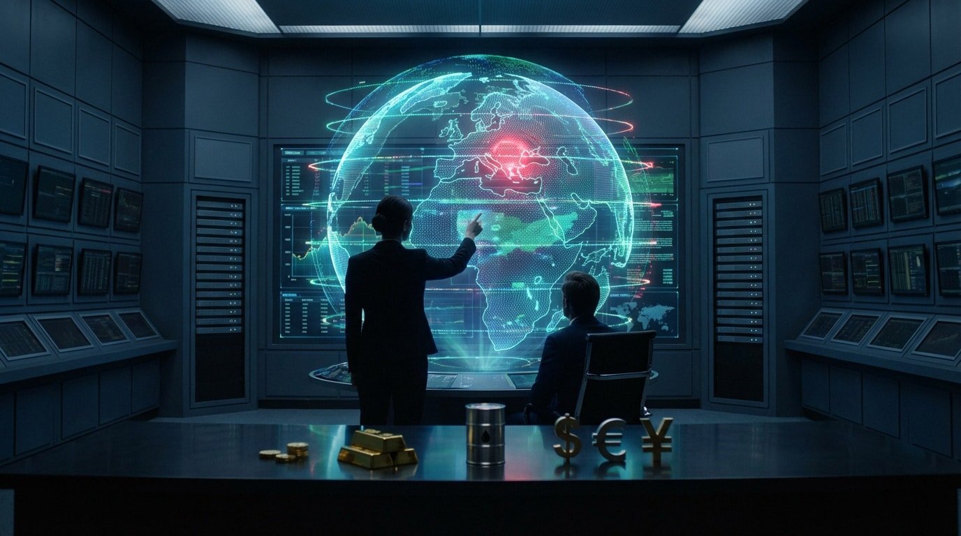 Analystes en salle de contrôle devant un globe holographique. Données financières, choc pétrolier symbolisé, et matières premières sur le bureau.