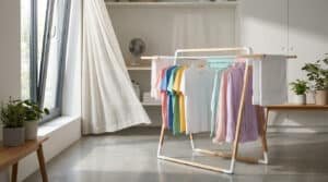 Un séchoir à linge moderne en bois et métal, chargé de vêtements colorés, près d'une fenêtre ouverte avec un rideau flottant et un ventilateur.