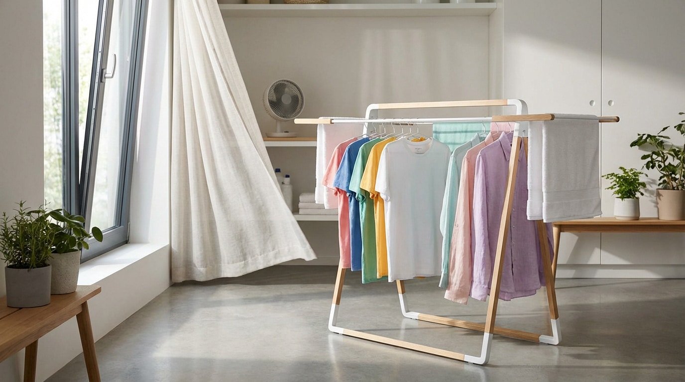 Un séchoir à linge moderne en bois et métal, chargé de vêtements colorés, près d'une fenêtre ouverte avec un rideau flottant et un ventilateur.