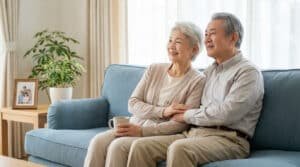 Couple âgé asiatique souriant et détendu, assis sur un canapé bleu. La femme tient une tasse, la main de l'homme sur son bras.