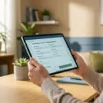 Femme souriante remplissant une demande de pension de réversion simplifiée sur tablette. Le formulaire est intitulé "Survivor's Pension Request".