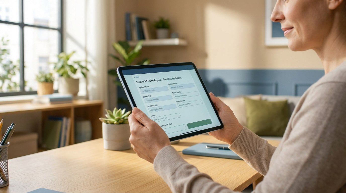 Femme souriante remplissant une demande de pension de réversion simplifiée sur tablette. Le formulaire est intitulé "Survivor's Pension Request".
