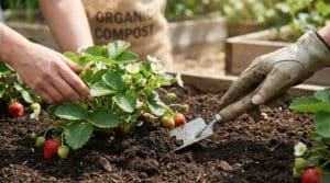 Deux jardiniers s'occupent de fraisiers fleuris et fruitiers avec une truelle et du compost organique en arrière-plan.