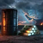 Baril de pétrole incandescent et lingots d'or sous un ciel orageux avec carte géopolitique.