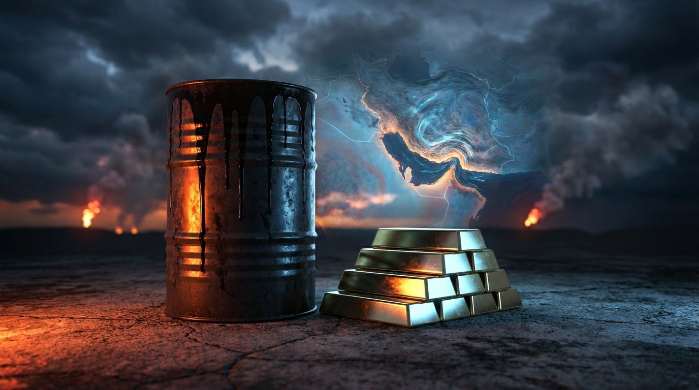 Baril de pétrole incandescent et lingots d'or sous un ciel orageux avec carte géopolitique.