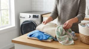 Mains pliant des vêtements propres (pull, t-shirt, foulard) sur un comptoir en bois, avec une machine à laver en arrière-plan.