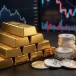Lingots d'or empilés et piles de pièces d'argent avec des graphiques boursiers rouges en arrière-plan.