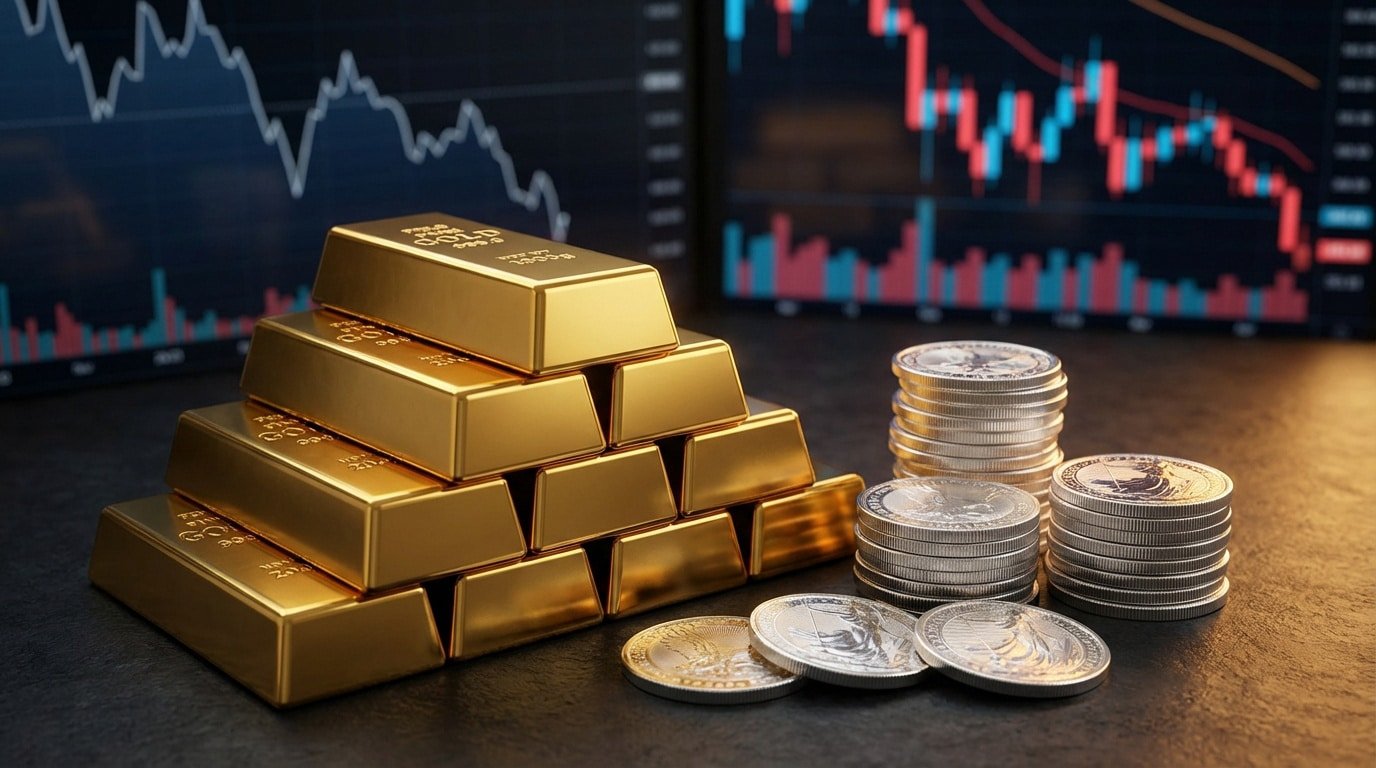 Lingots d'or empilés et piles de pièces d'argent avec des graphiques boursiers rouges en arrière-plan.
