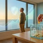 Homme contemplant l'océan avec graphiques de croissance et bouclier. Main déposant une pièce dans une boîte sécurisée remplie de monnaie.