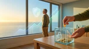 Homme contemplant l'océan avec graphiques de croissance et bouclier. Main déposant une pièce dans une boîte sécurisée remplie de monnaie.