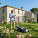 Un homme consulte une tablette à côté d'une tondeuse sur une pelouse verte devant une maison. Des fleurs colorées au premier plan.