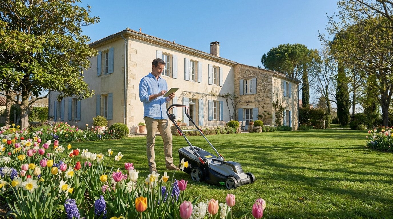 Un homme consulte une tablette à côté d'une tondeuse sur une pelouse verte devant une maison. Des fleurs colorées au premier plan.