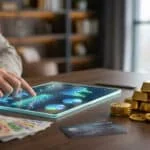 Main sur une tablette avec graphiques financiers. Lingots d'or, pièces, euros et carte bancaire sur une table en bois.