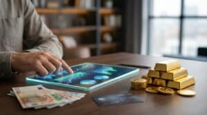 Main sur une tablette avec graphiques financiers. Lingots d'or, pièces, euros et carte bancaire sur une table en bois.