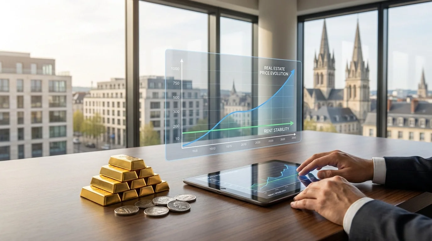 Mains sur tablette avec graphique immobilier projeté (évolution des prix, stabilité des loyers), lingots d'or et vue de Caen.