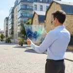 Homme avec tablette futuriste affichant des graphiques de données dans une rue urbaine de Reims, symbolisant l'analyse immobilière.