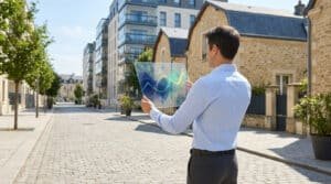 Homme avec tablette futuriste affichant des graphiques de données dans une rue urbaine de Reims, symbolisant l'analyse immobilière.