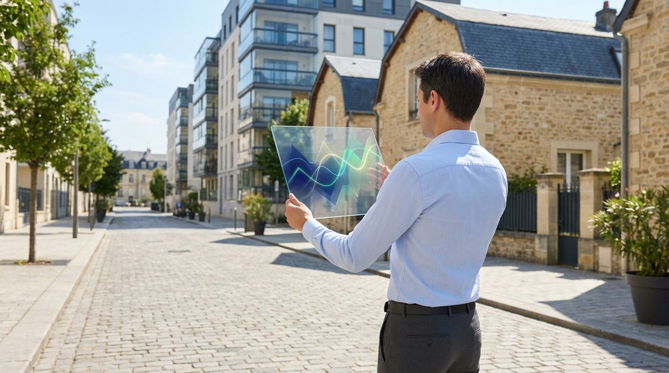 Homme avec tablette futuriste affichant des graphiques de données dans une rue urbaine de Reims, symbolisant l'analyse immobilière.