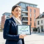 Femme d'affaires souriante tenant une tablette avec des graphiques des prix immobiliers (appartements en hausse, maisons stables) à Mulhouse.