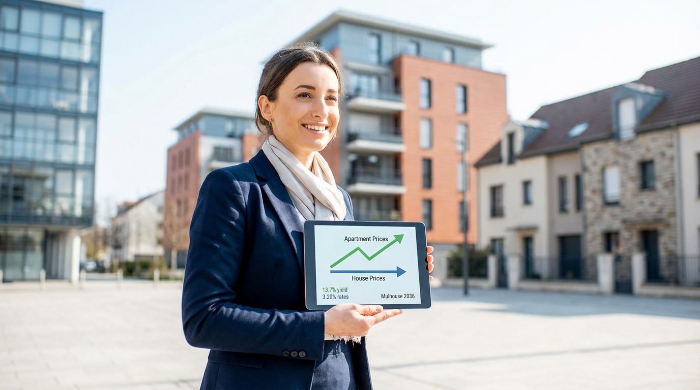 Femme d'affaires souriante tenant une tablette avec des graphiques des prix immobiliers (appartements en hausse, maisons stables) à Mulhouse.