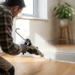 Un homme agenouillé utilise un pistolet à mastic pour sceller le joint entre la plinthe et le plancher en bois d'une pièce lumineuse.