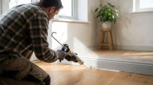 Un homme agenouillé utilise un pistolet à mastic pour sceller le joint entre la plinthe et le plancher en bois d'une pièce lumineuse.