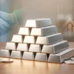 Une pyramide de lingots d'argent avec des pièces dispersées, sur fond flou d'une poignée de main et d'un graphique de croissance.